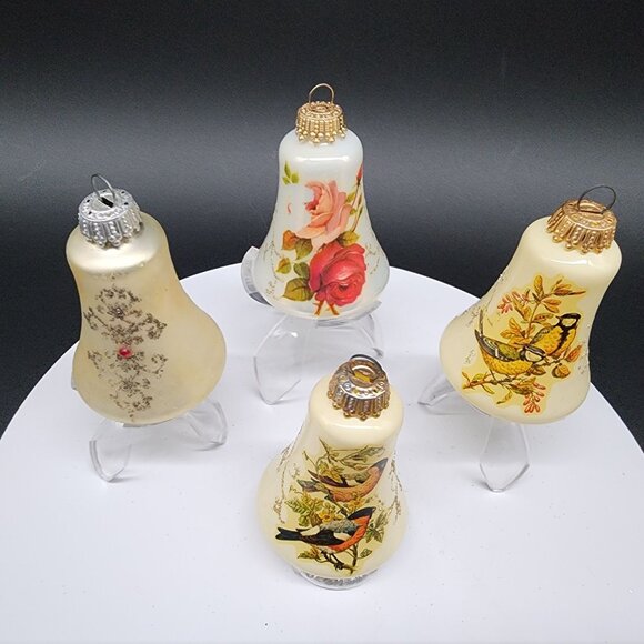 VTG Glass Bell Christmas Ornaments Birds & Floral Designs Jeweled Germany Krebs - Picture 2 of 12